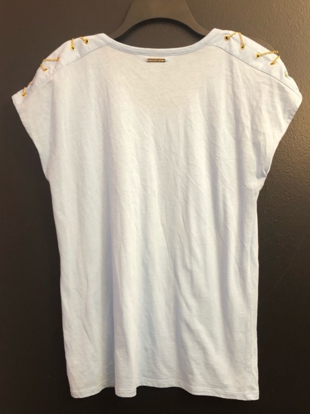 Micheal Kors Sky Blue Women's Tee with Gold Chain Shoulder Detail - Picture 2 of 6